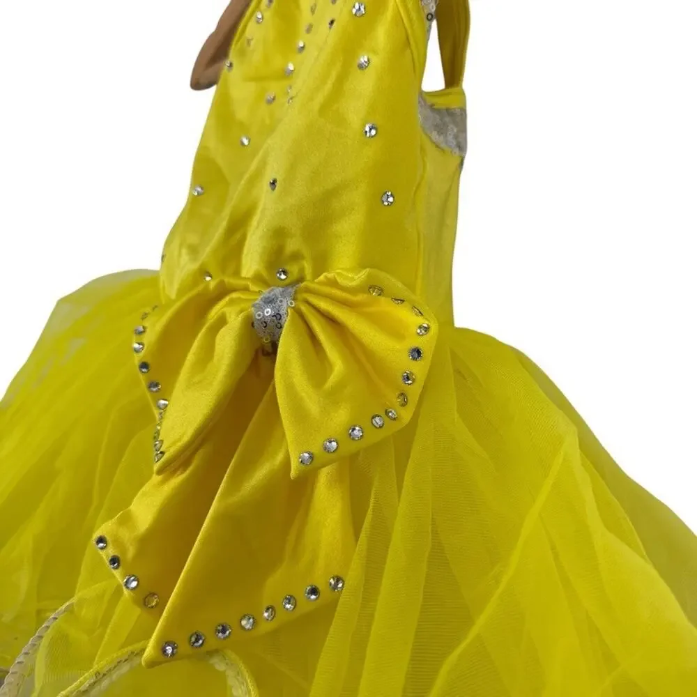 Weissman Yellow Rhinestone Sequin Tulle Dance Costume Dress & Hair Bow sz XS C